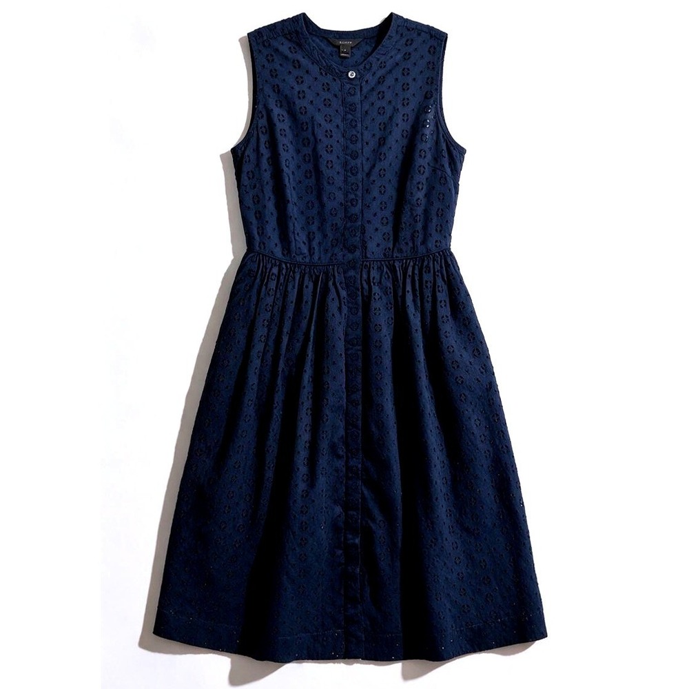 J Crew Navy Blue Eyelet Cotton Button Up Sleeveless Midi Dress Size 4